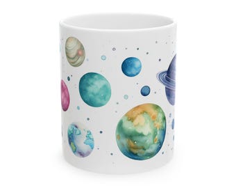 Taza de acuarela con planetas, sistema solar, arte espacial, taza de café, regalo de astronomía