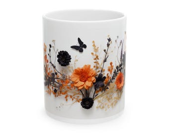 Halloween Floral Coffee Mug, Gothic Orange and Black Flowers with Butterflies