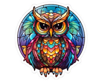 Pegatina de búho de vitral: vinilo colorido con diseño de búho para portátiles, diarios, botellas de agua y más.