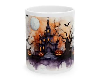 Mug d'Halloween maison hantée, tasse à café citrouille fantasmagorique et chauves-souris, verres en céramique de 11 oz