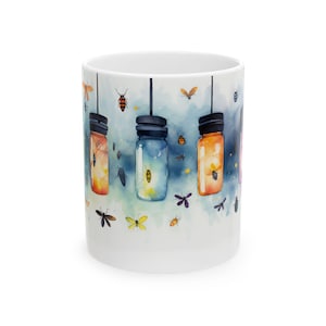 Cottagecore Firefly Mug Mason Jar Lanterns Bug Art Coffee Cup Twilight Meadow