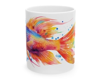 Rainbow Fish Watercolor Mug | Vibrant Tropical Coffee Cup | Colorful Fish Gift