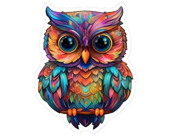 Rainbow Owl Sticker: Stained Glass Style Vinyl Decal - Matte or Glossy