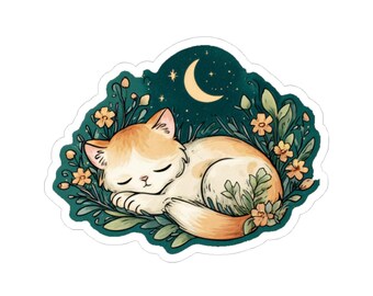 Sleeping Cat Under Moon Sticker: Cozy Floral Vinyl Decal