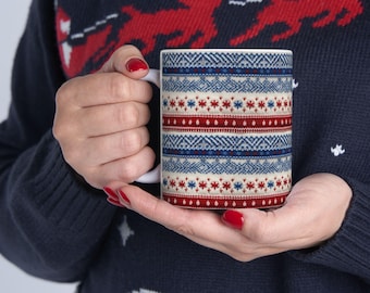 Norwegian Sweater Mug | Red and Blue Fair Isle Knit Pattern Ceramic Coffee Cup