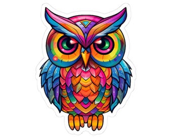 Neon Rainbow Owl Sticker, Geometric Vinyl Decal, Fantasy Colors