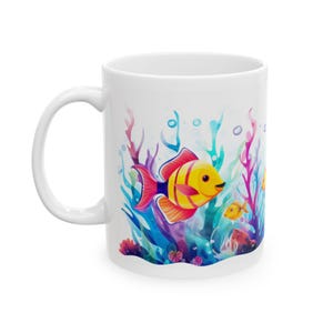 90s Neon Fish Coffee Mug: Retro Cartoon Ceramic Mug (11 oz)