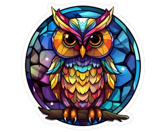 Stained Glass Owl Sticker, Colorful Rainbow Bird Vinyl Decal in Glossy or Matte Finish