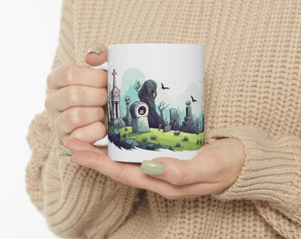 Taza de café espeluznante del cementerio de Halloween de 11 oz