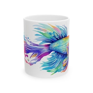Colorful Betta Fish Mug | Rainbow Watercolor Coffee Cup with Splash Art
