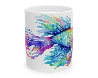 Colorful Betta Fish Mug | Rainbow Watercolor Coffee Cup with Splash Art