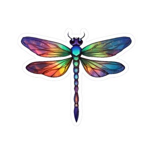 May include: A vibrant dragonfly sticker featuring a rainbow gradient design. The wings transition from purple to blue, green, yellow, and orange. The body is a gradient of blue and green, with a segmented, elongated abdomen.