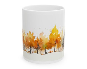Autumn Watercolor Forest Coffee Mug with Golden Foliage and Teal Accents