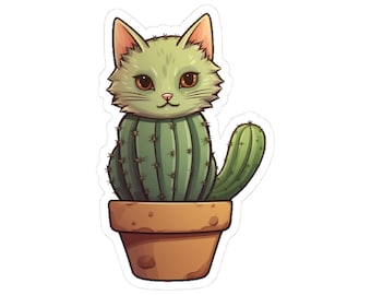Pegatina de cactus con forma de gato, divertida calcomanía de vinilo de cactus con acabado transparente brillante o mate.