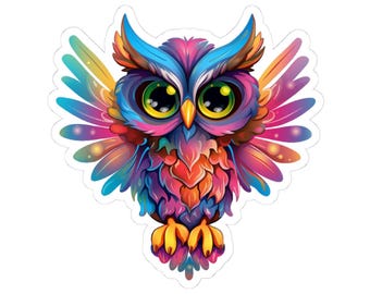 Pegatina de búho arcoíris alado, calcomanía de vinilo de pájaro de fantasía colorido con acabado brillante o mate.