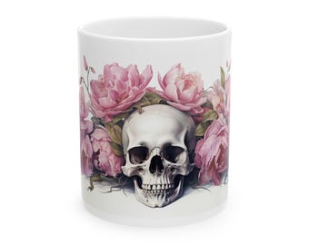 Taza de cerámica con calavera y peonías rosas