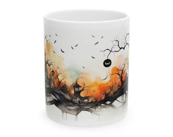 Haunted House Halloween Mug: Spooky Bats & Tree Scene Coffee Cup