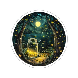 May include: A glass jar filled with glowing fireflies sits in a forest clearing under a full moon. The jar is surrounded by trees and green foliage. The fireflies are flying around the jar and in the air.