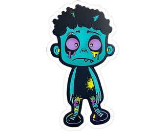 Cute Zombie Boy Sticker - Neon Undead Cartoon Vinyl Sticker for Water Bottles, Laptops, Journals, Halloween Aesthetic