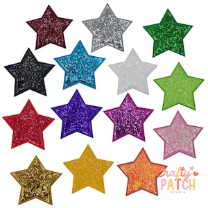 May include: A collection of star-shaped patches in various colors, including red, silver, green, blue, black, white, purple, pink, gold, yellow, and orange. Each star is covered in sequins and has a stitched border. The Crafty Patch Studio logo is in the bottom right corner.