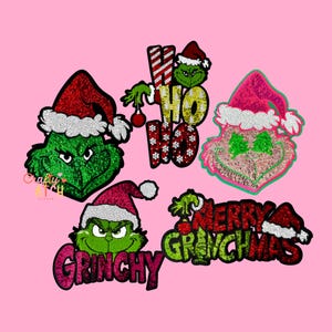 May include: A collection of sequined Christmas patches featuring the Grinch character. The patches include the Grinch's face, the words "Grinchy" and "Merry Grinchmas", and the phrase "Ho Ho Ho". The patches are in green, red, and white.
