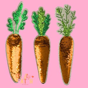 May include: Three sequined carrot patches with green tops and orange bodies. The carrots have a silver glitter outline and are set against a pink background. The text "Pretty Patch Studio" is at the bottom.