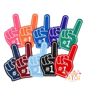 May include: A collection of foam finger hand signs in various colors, including pink, orange, blue, purple, green, navy, burgundy, light blue, black, and red. Each hand sign displays the number "1". The "Crafty Patch Studio" logo is visible.