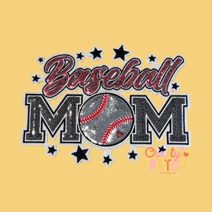 May include: A yellow background features a sequined patch with the words "Baseball MOM" in black and red. A baseball with red stitching is in the center. Black stars surround the text. The patch has a white border.