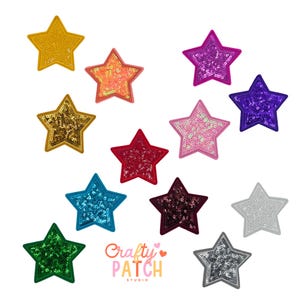 May include: A collection of star-shaped patches in various colors, including gold, orange, pink, purple, blue, green, red, and silver. Each patch is embellished with sequins. The Crafty Patch Studio logo is visible.