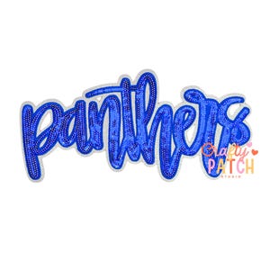 May include: A blue sequined "Panthers" patch with a silver border. The word is in a cursive font. The "Crafty Patch Studio" logo is in the lower right corner.