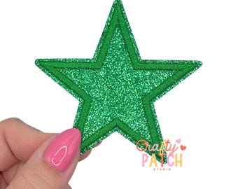Green Star Glitter Patch, Iron On Applique (3 inch)