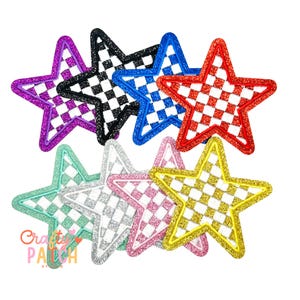 May include: A collection of star-shaped patches in various colors, including purple, black, blue, red, green, silver, pink, and gold. Each star features a checkered pattern and glittery borders. The patches are likely for crafts or embellishments.