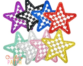 Checkered Star Glitter Patch, Iron On Applique (3 Inch)