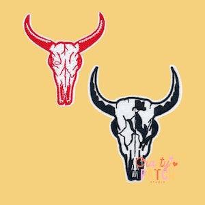 May include: Two embroidered patches of bull skulls. One is red and white, the other is black and white. The patches are on a yellow background. The text "Crafty Patch Studio" is on the bottom right.
