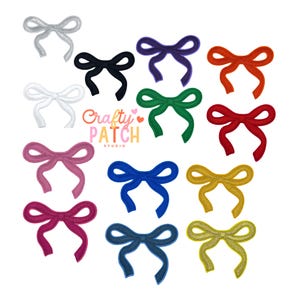 May include: A collection of colorful bow appliques in various shades, including silver, white, black, purple, orange, green, red, pink, blue, and gold. The Crafty Patch Studio logo is also visible.