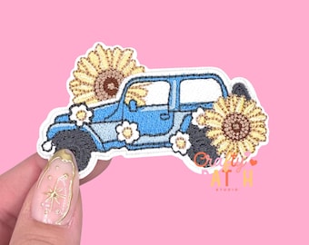 Blue Car with Sunflowers Patch, Iron On Patch