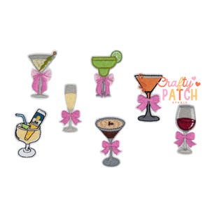 May include: Embroidered patches featuring various cocktail glasses, including a martini, margarita, champagne flute, and wine glass. Each glass is adorned with a pink bow. The patches are in various colors, including green, orange, and brown.