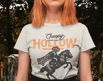 Creepy Hollow - Halloween Herbst Horror Vintage Stil Inspiriert Geist Kürbis Skelett Kurzarm Unisex Tshirt