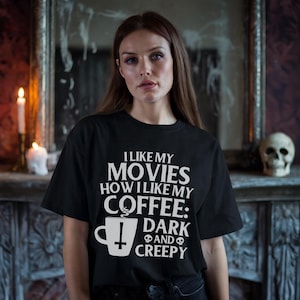 Coffee & Movies - Short-Sleeve Unisex T-Shirt - Horror Movie Spooky Tee Gothic Gifts for Goths Horror fan Scary Halloween Shirt
