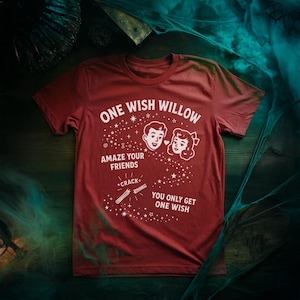 May include: A brick red short-sleeve t-shirt featuring white graphic text that reads ONE WISH WILLOW, AMAZE YOUR FRIENDS, CRACK, and YOU ONLY GET ONE WISH, alongside illustrations of two smiling faces and a broken wishbone surrounded by stars.