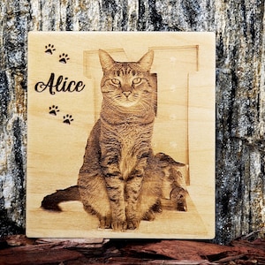 May include: A wooden plaque with a laser-engraved image of a tabby cat sitting in front of a large letter "A". The cat's name, "Alice", is engraved above the cat with two paw prints on either side. Two paw prints are also engraved below the name.