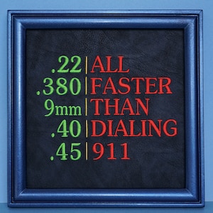 May include: A framed black leather sign with green and red text. The text reads: .22 | ALL .380 | FASTER 9mm | THAN .40 | DIALING .45 | 911