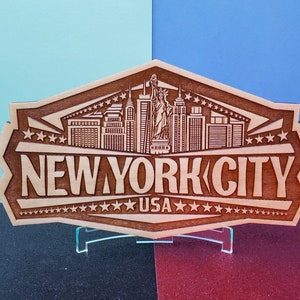 Laser Engraved New York City Plague / NYC Skyline / Manhattan NY USA / Art Deco Sign Design / 2 Sizes