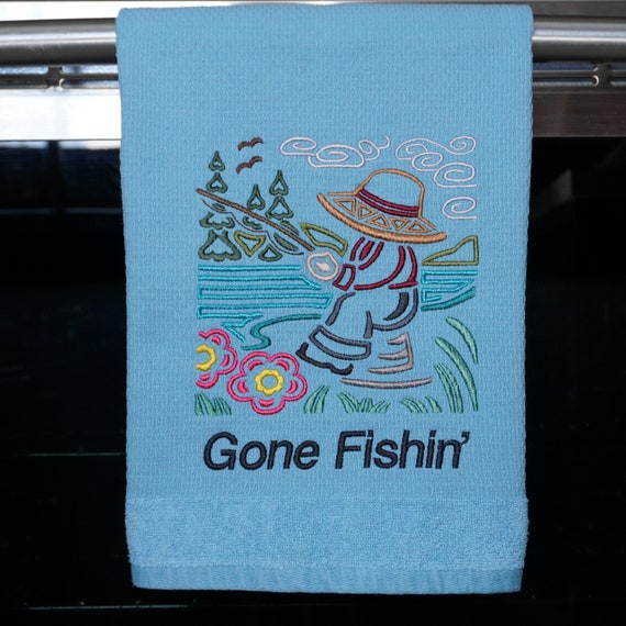 DKNY TOWEL/ Embroidered Kitchen Towel Unique Kitchen Towels / Gone Fishin /  Embroidered Fishing Towel / Cotton / Custom Embroidery 