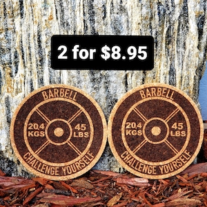 Laser Engraved Coasters / Weight Plates / Set of 2  / Cork Coasters / Weight Lighting Gift / Body Building Gift
