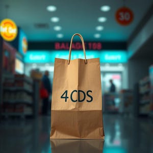 Pode incluir: Uma sacola de compras de papel castanho com uma alça de papel torcido. A sacola tem o texto "4 CDs" impresso em azul escuro. O fundo é uma visão desfocada do interior de uma loja.