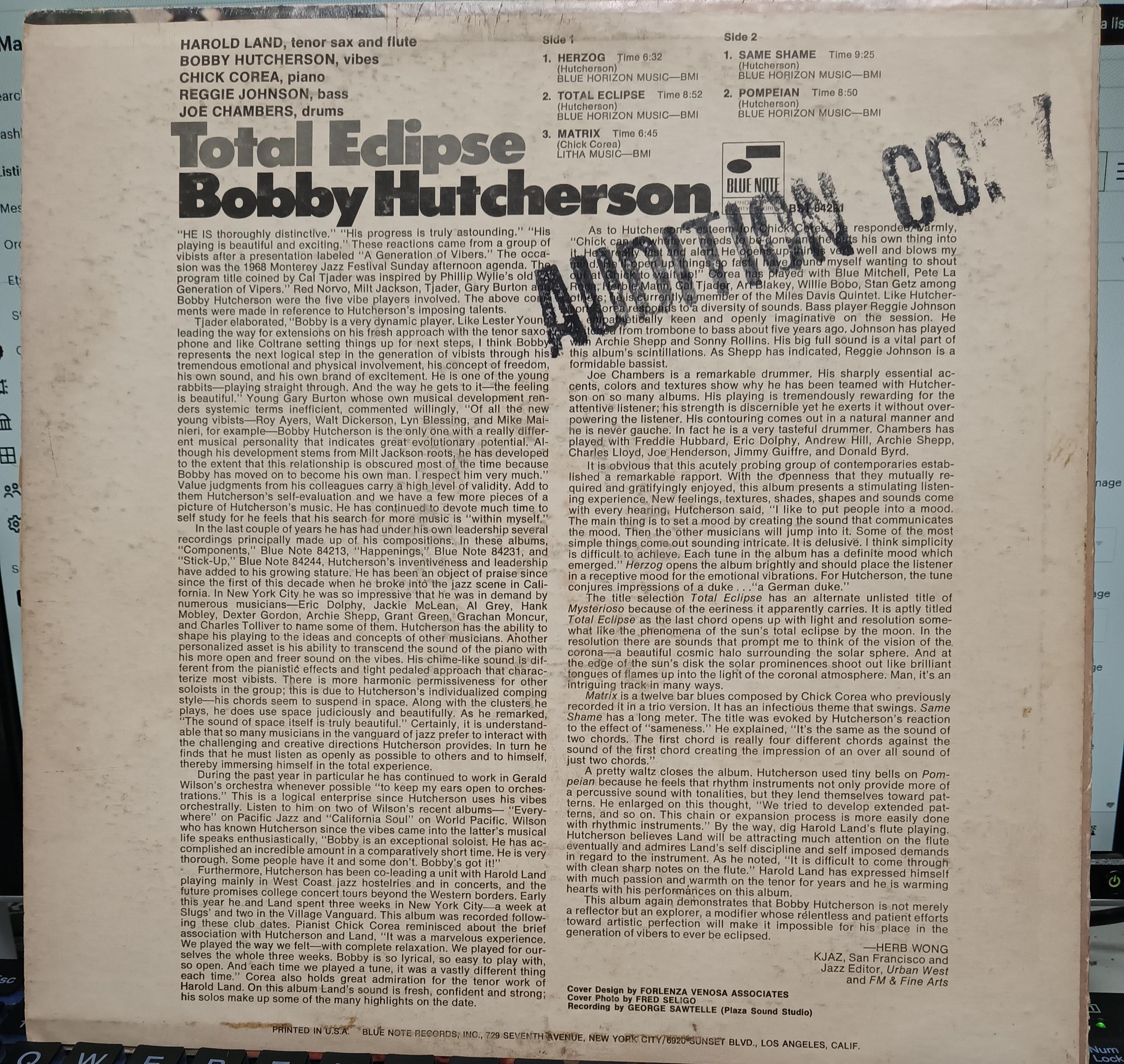 【LPレコード】トータル・エクリプス／ボビー・ハッチャーソン LP ジャズ ボビー・ハッチャーソン「トータル・エクリプス」VG+/M