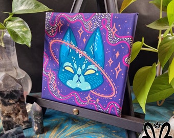 Space Cat Original Gouache Painting on Square Canvas 15cm x 15cm