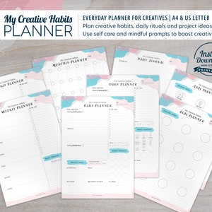 Könnte beinhalten: Druckbare Planerseiten mit einem abstrakten Design in Rosa und Blau. Die Seiten beinhalten einen Wochenplaner, einen Monatsplaner, einen Tagesplaner, einen Zielplaner und ein Tagebuch. Der Text "My Creative Habits Planner" befindet sich oben auf der Seite.