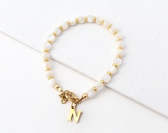Personalized Mother of Pearl Bracelet, Baptism Jewelry for Baby Toddler with Letter Charm, Custom Gold Filled Stacking Bracelet